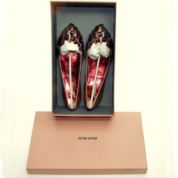 Miu Miu Prada Metallic Rose Jeweled Flats Ballet Leather Shoes 36 1/2 - Picture 5 of 6